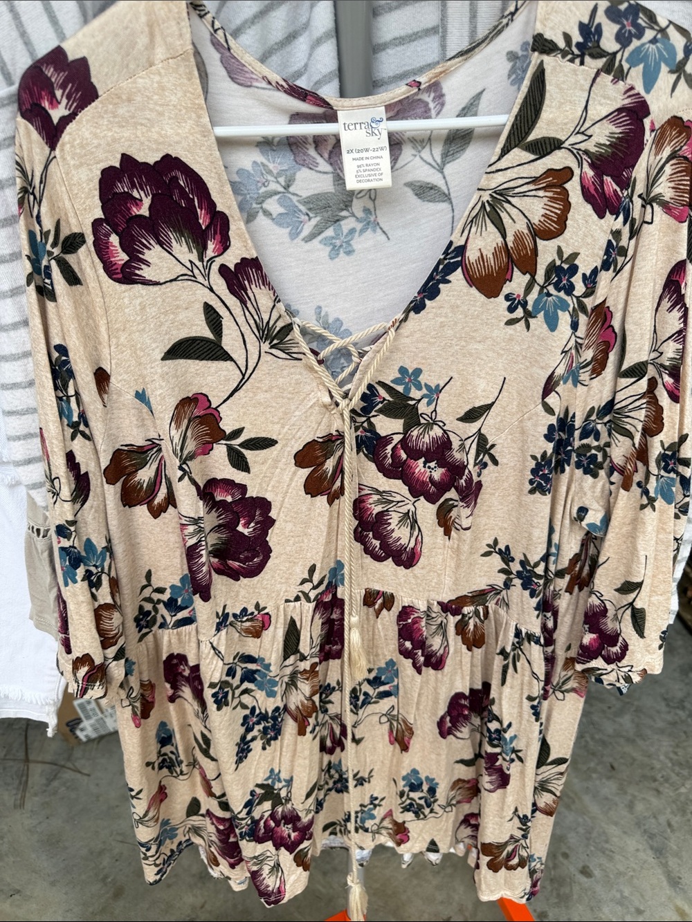 Terra & Sky Beige Floral Lace-Up Tunic with Burgundy and Blue Accents